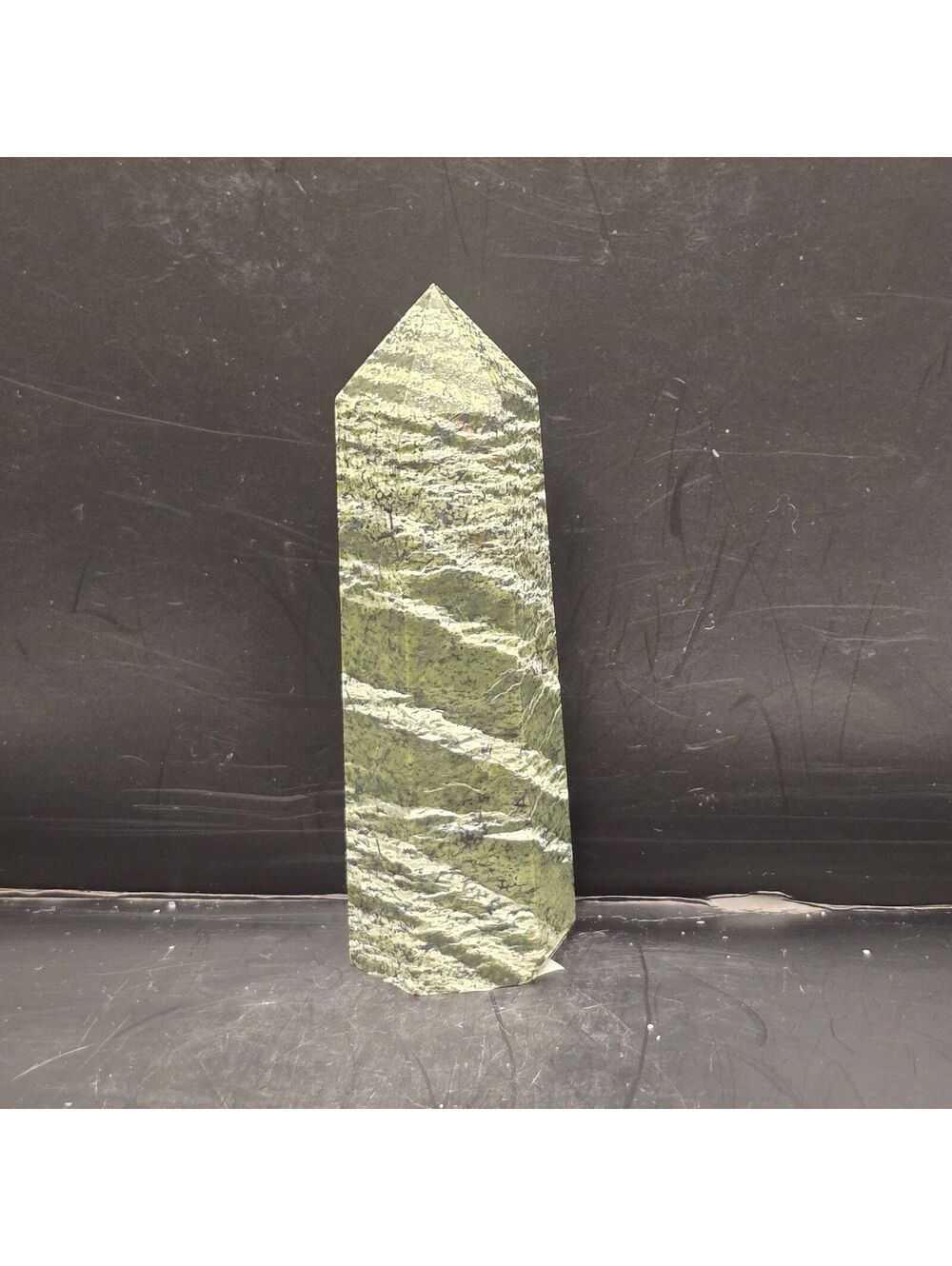 27X. Green Zebra Jasper Natural Crystal Tower 3.75"
